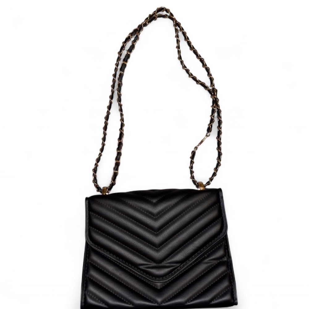 Black quilted faux leather crossbody bag with gold hardware